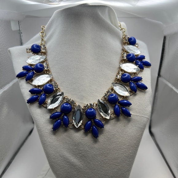 J Crew Acrylic Blue, faux diamonds and rhinestones gold tone statement necklace - Picture 1 of 10